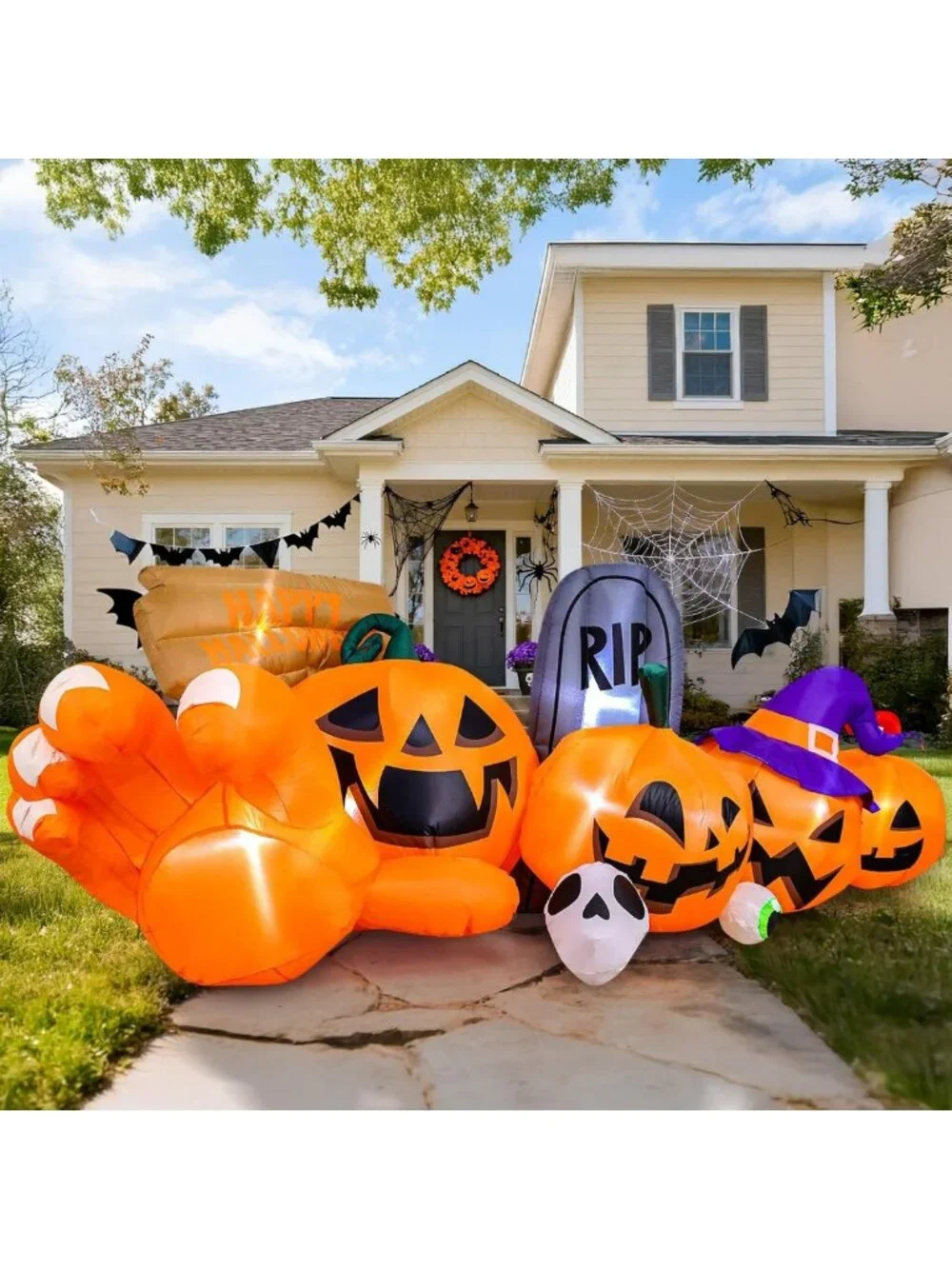 9.2 Ft Halloween Inflatable Yard Decor - LED Pumpkin, Gravestone & Witch Hat